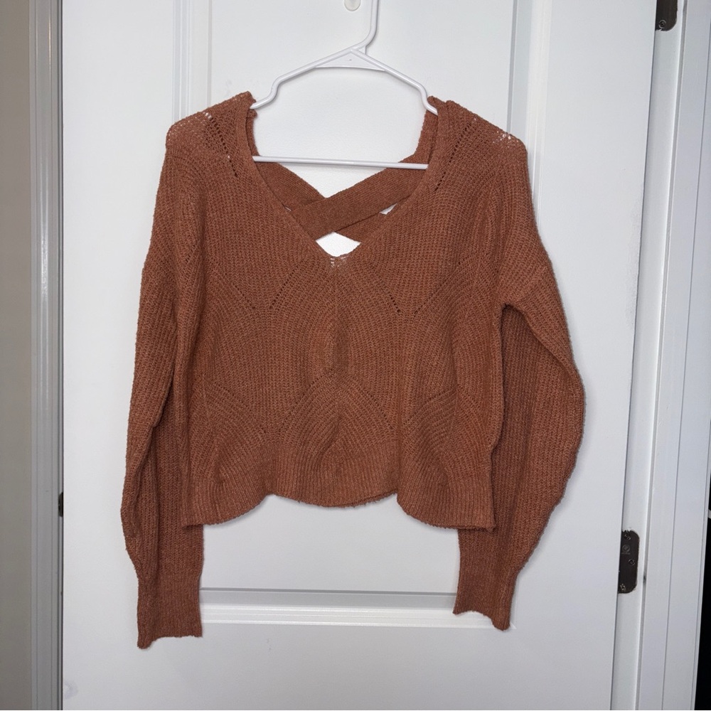 Women’s Pink Rose Rust V-Neck Crisscross Back Cropped Sweater Size: S